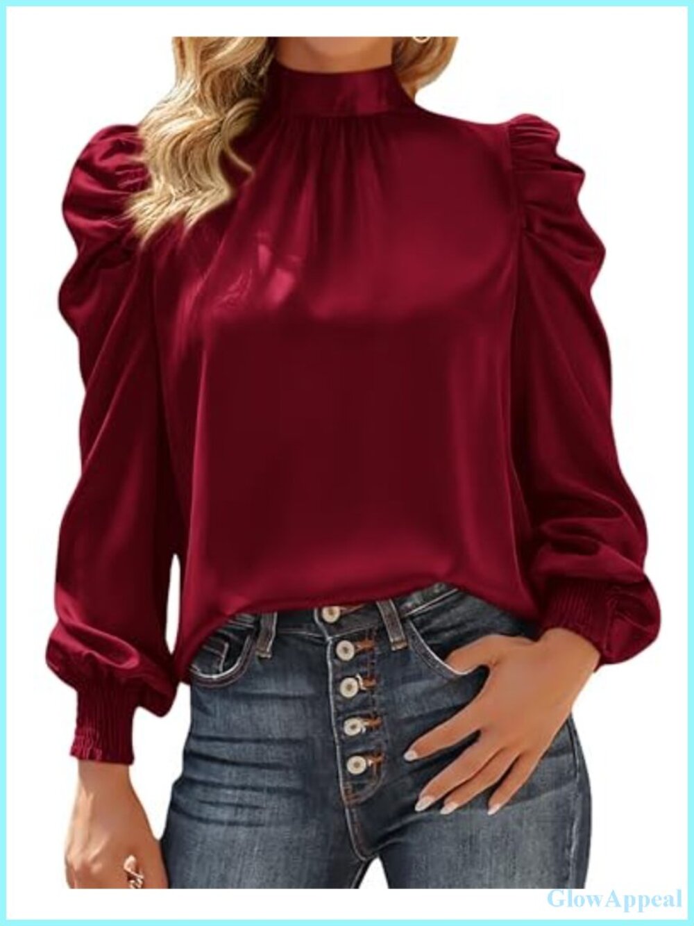 High Neck Puff Sleeve Satin Blouse Button Keyhole Back Women's Dressy Work Top